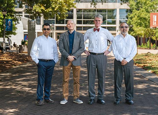 L to R: Dr. Farooq Khan, 在线博彩 professor of chemistry; Dr. John Hansen, 在线博彩 professor of chemistry; Dr. Martin McPhail, 在线博彩 associate professor of chemistry; and Dr. Ajith DeSilva, professor of physics